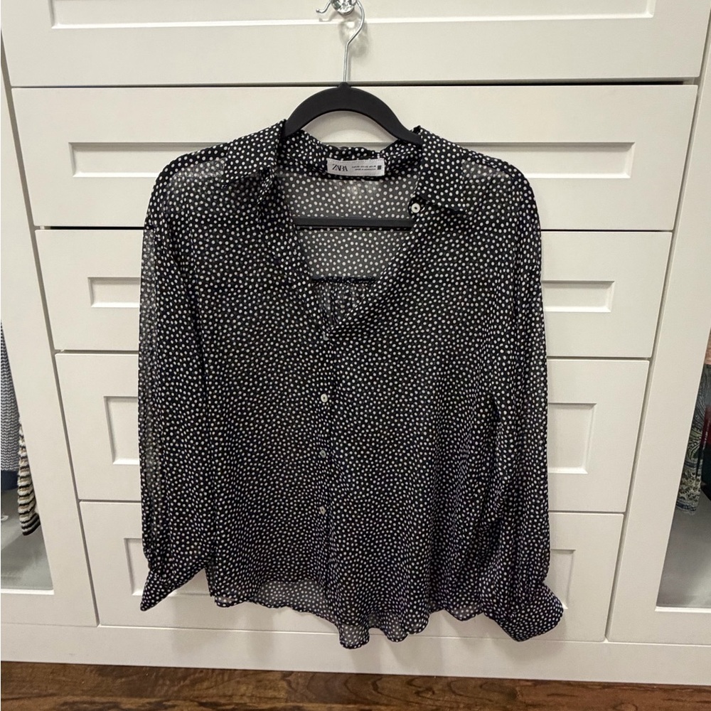 Zara Sheer Black and White Polka Dot Button-Front Blouse, X-Small